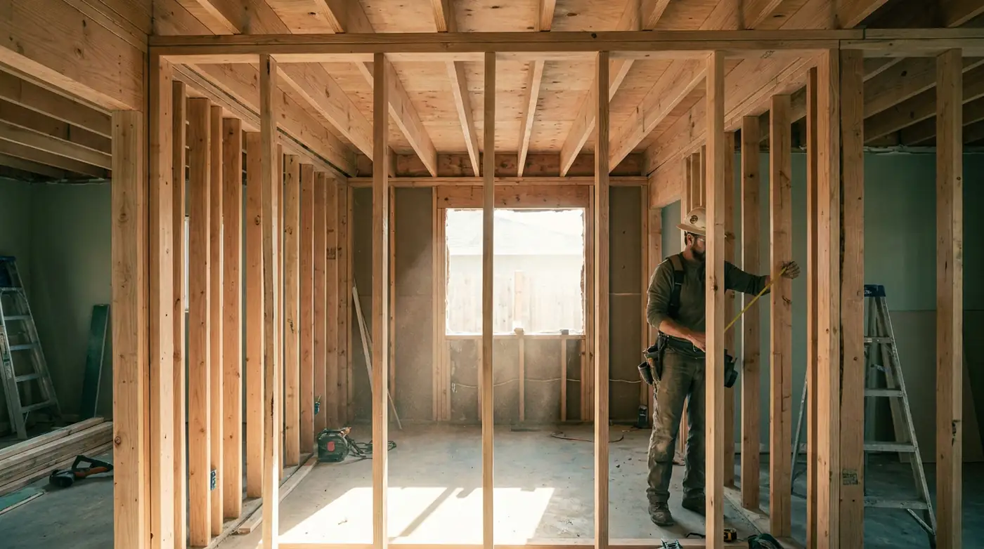 Exposed vertical timber framing during a renovation
