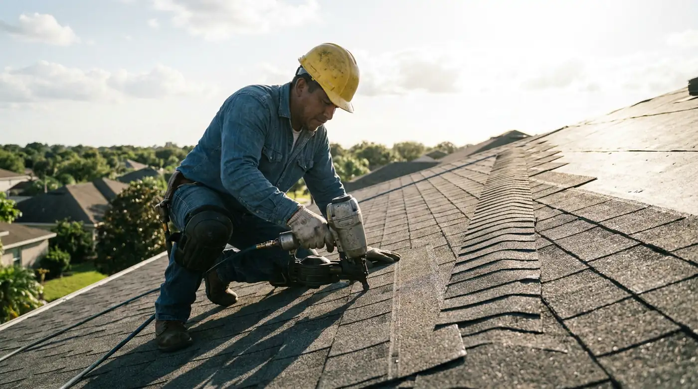 Roofer installing new shingles