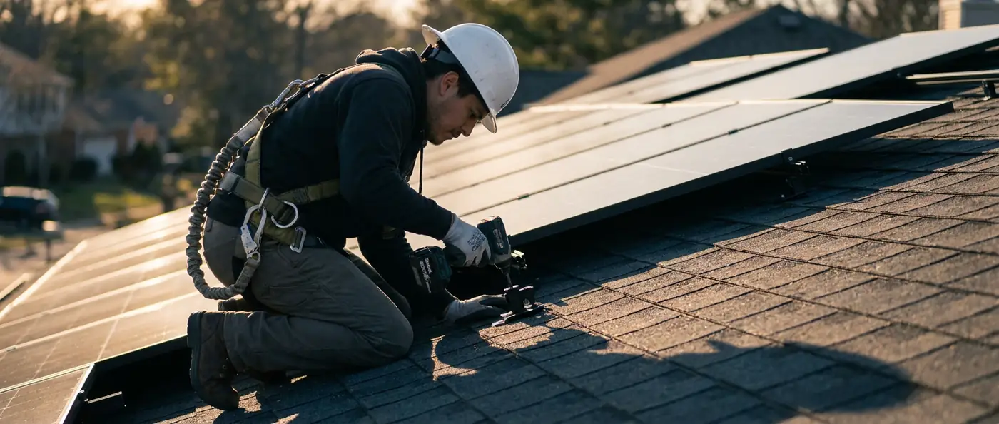 Technician with harness working on a solar roof