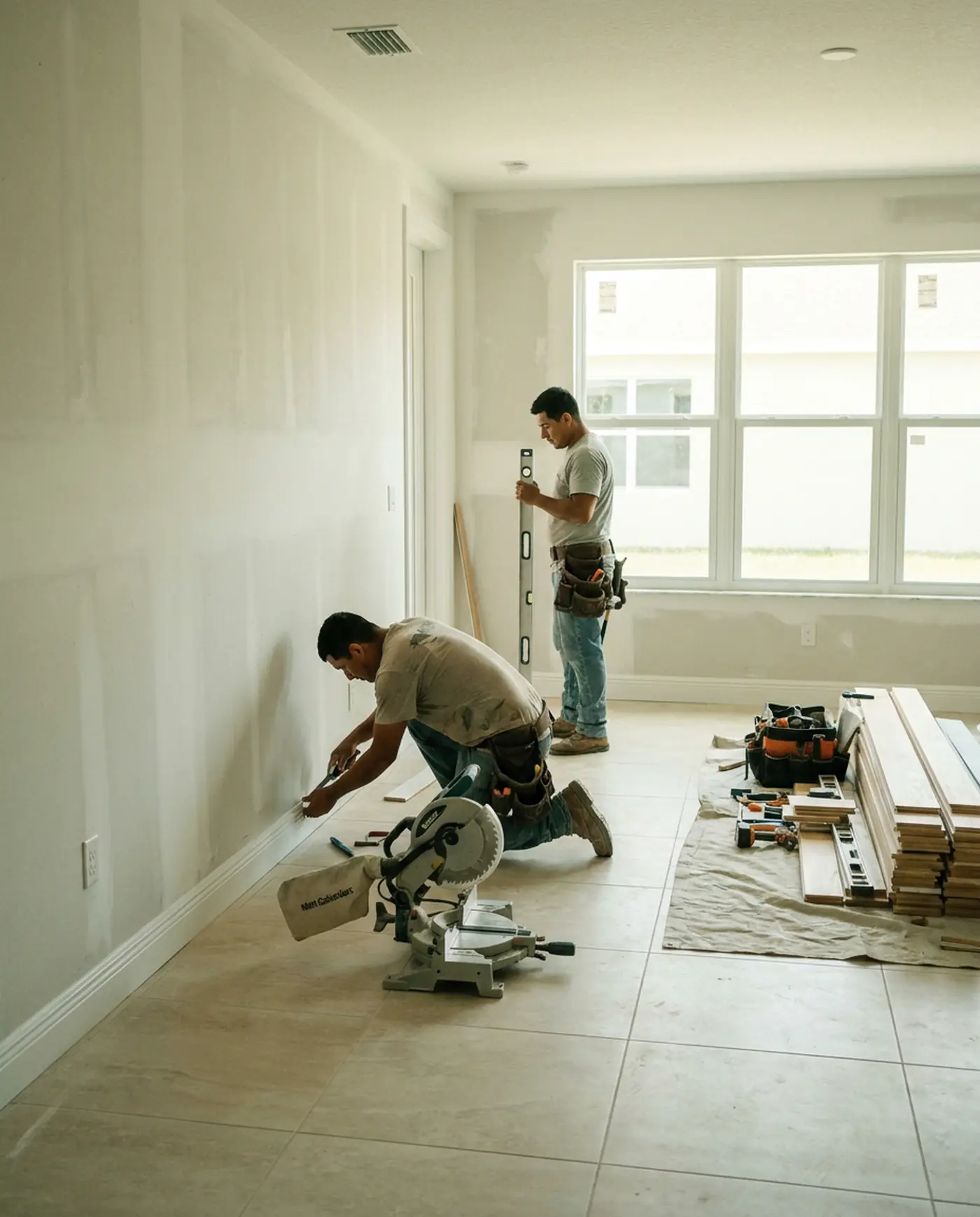 Crew fitting baseboards and casings in a bright renovation