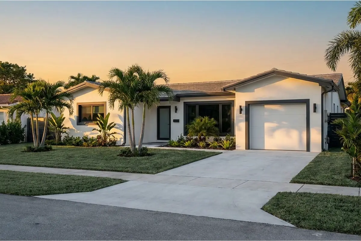 Renovated single-storey Miami house at dusk