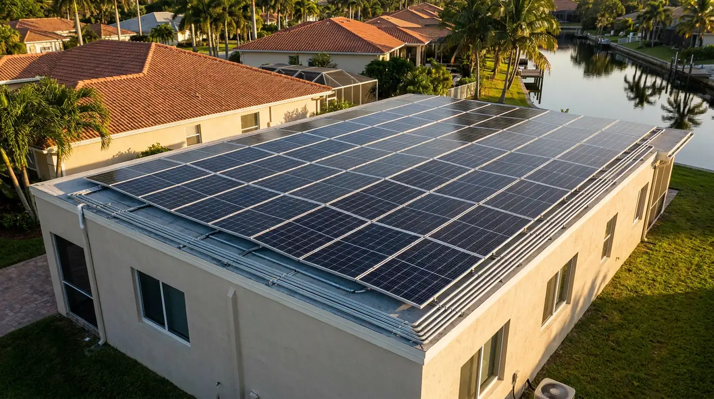 Solar panel array installed on a commercial roof in Miami